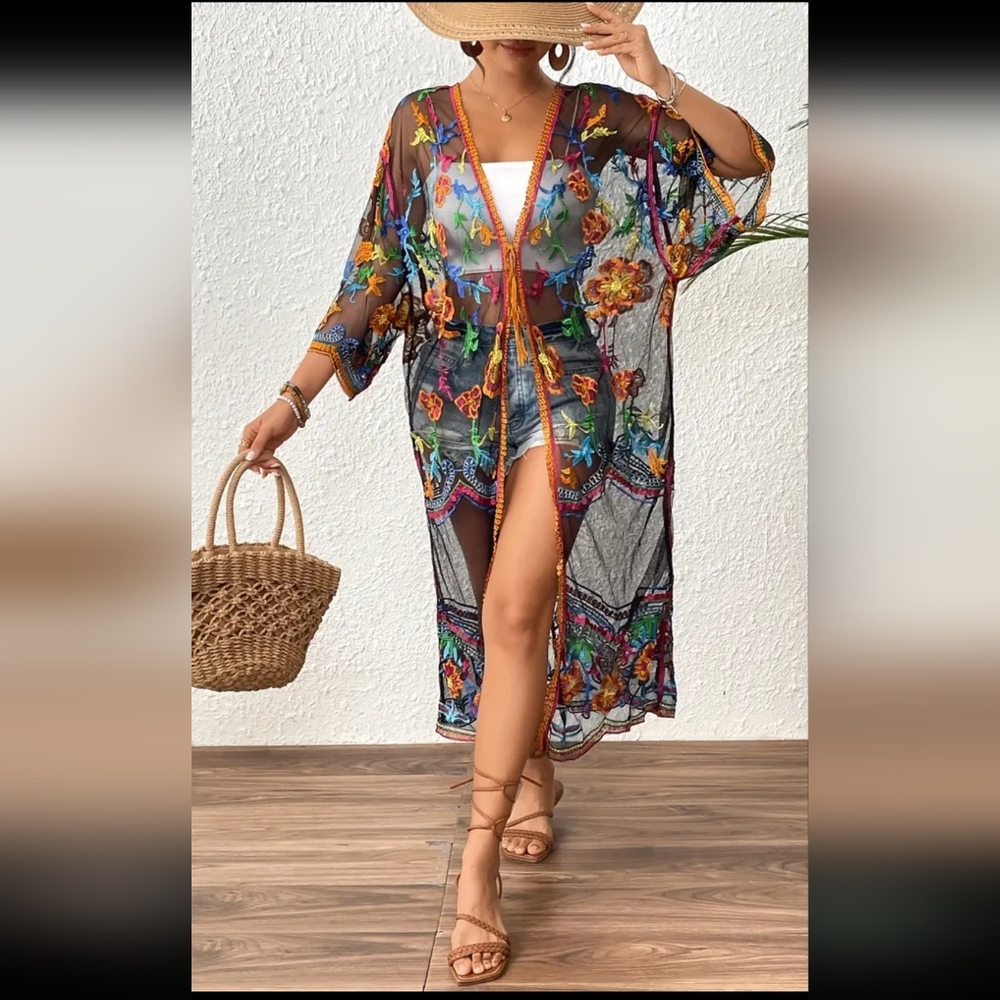 Vibrant Bohemian Kimono Cardigan - Sheer Mesh Beach Cover-Up, Colorful Floral